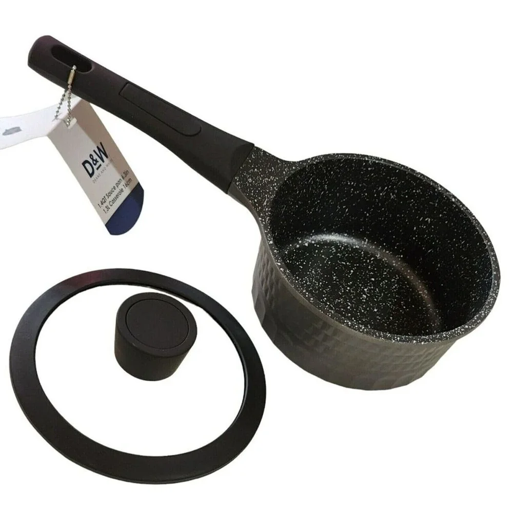 D&W Premium Cookware 7in‎ Saucepan Casserole Nonstick With Glass Lid 1.9QT Black
